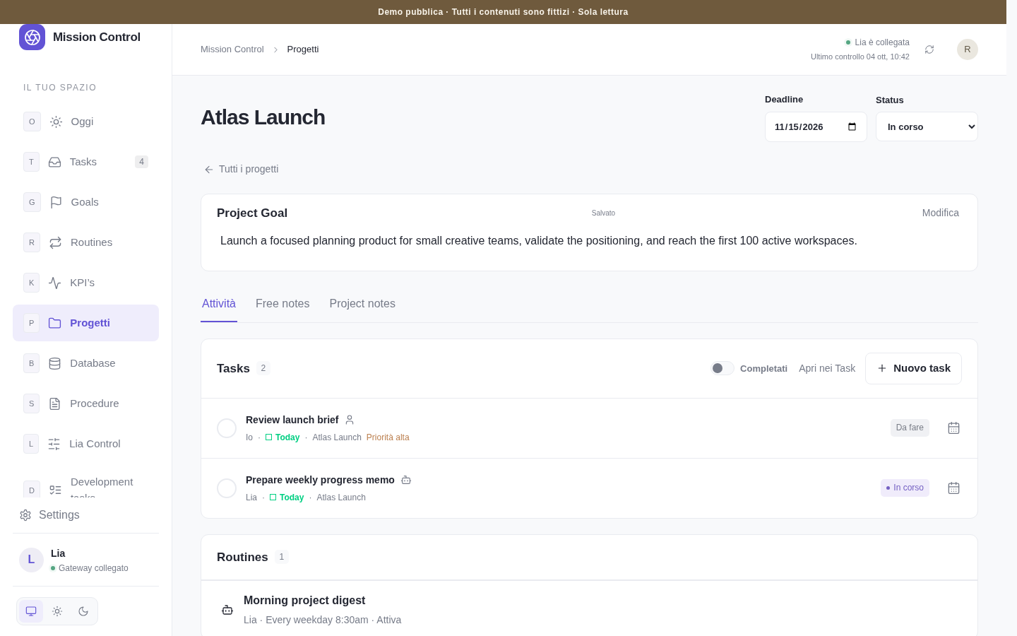 Mission Control project detail with goal, tasks and routines
