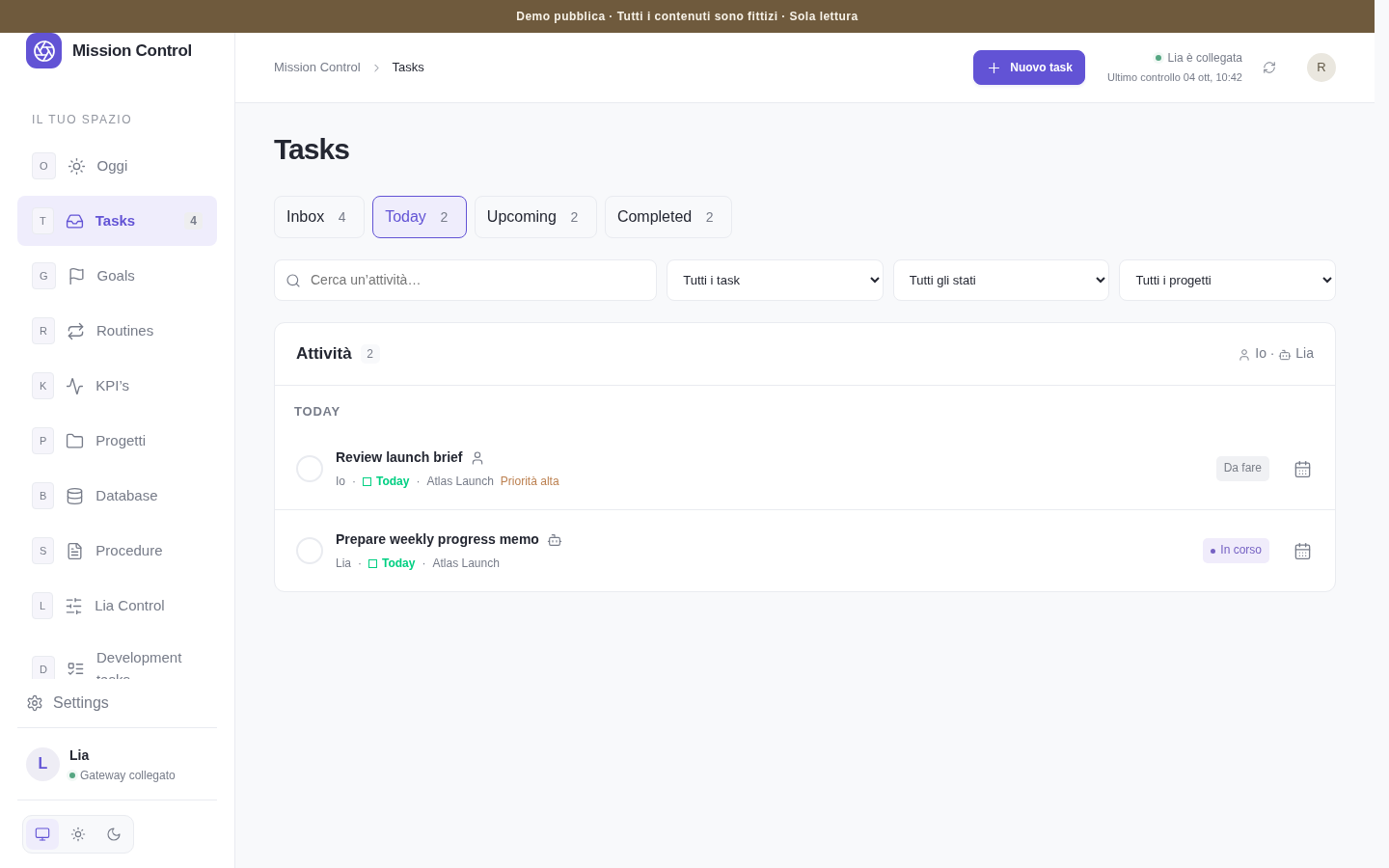 Mission Control task list with projects, owners and status filters
