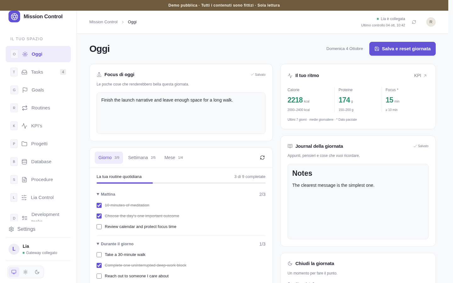 Mission Control daily dashboard with focus, metrics, journal and recurring checklist
